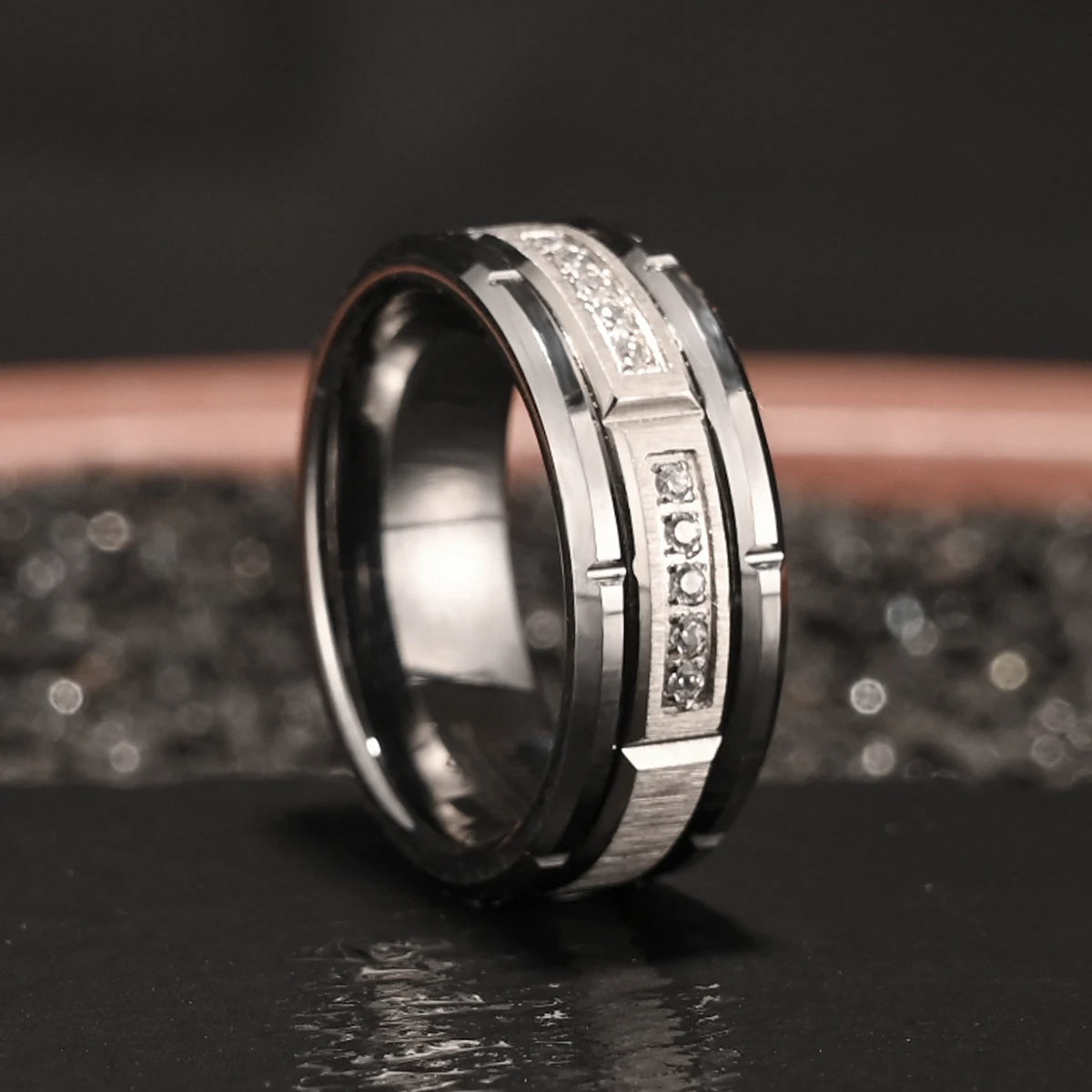 Tungsten Carbide Men's Ring, White Zircon 8mm Couple Wedding Ring, Fashion Hip Hop Suitable for Daily Wedding Party Wear