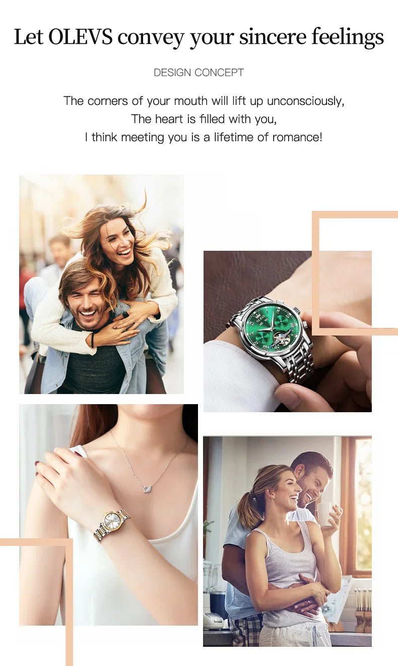 100% Original OLEVS Automatic Mechanical Couple Wrist Watches for Men and Women Waterproof Watches His or Hers Lover's Watch Set