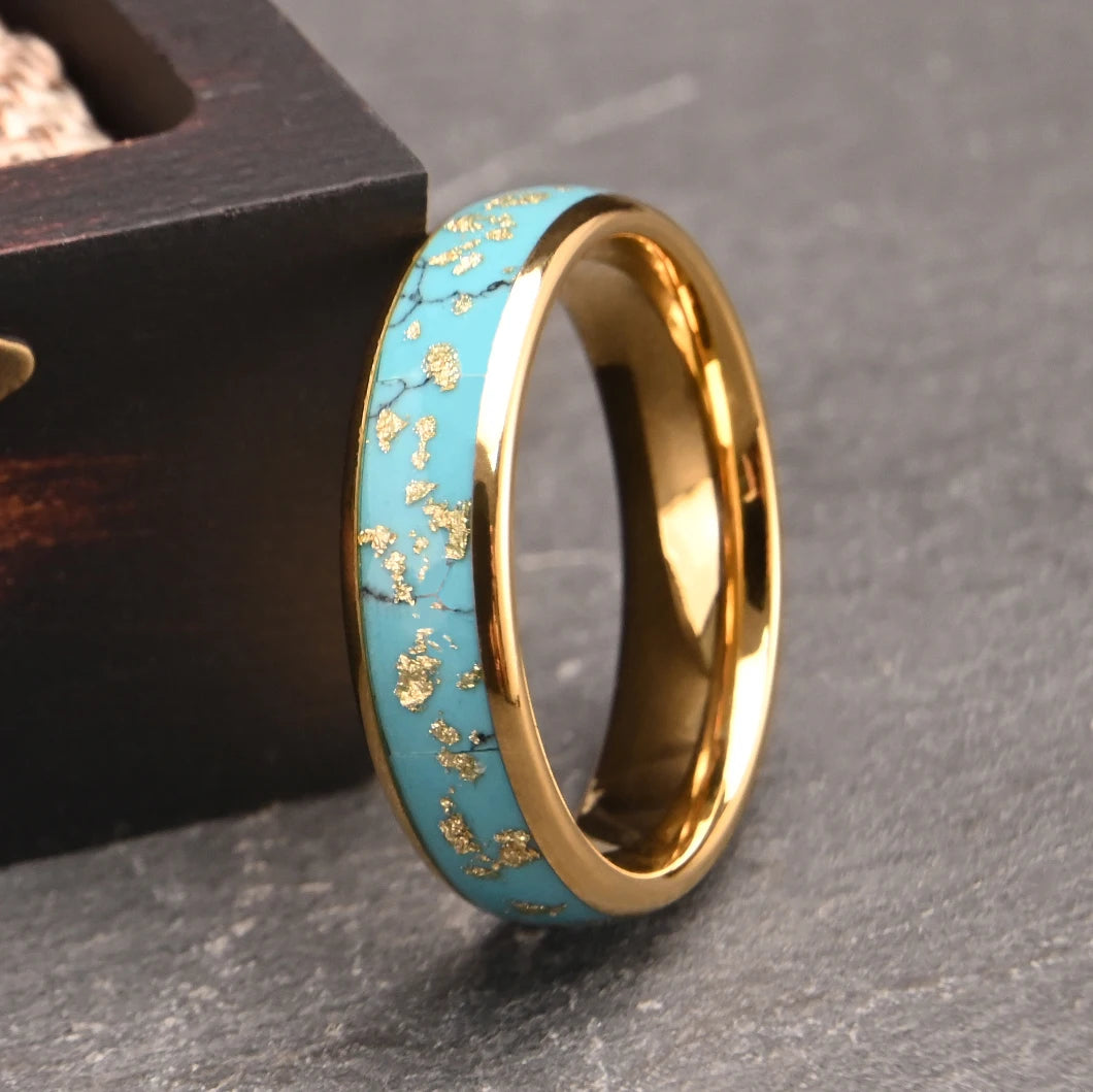 6MM Turquoise Inlay Broken Gold Foil Tungsten Rings Engagement Gold Plating Band For Man Woman Jewelry Luxury Design Gifts