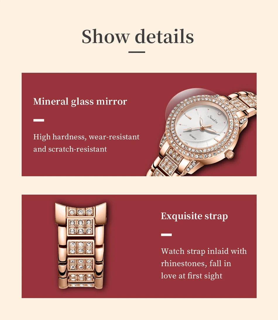 SUNKTA Women Wristwatches Relojes Para Mujer Luxury Classic Golden Watch Women Alloy Strap Round Rhinestone Dail Quartz Watches