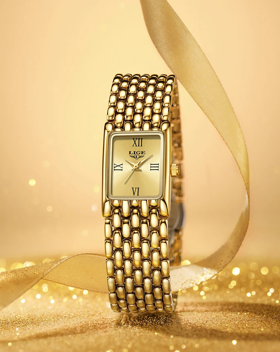 LIGE Silver Watch for Women Square Ladies Quartz Wristwatches Stainless Steel Women Small Gold Watch Luxury Casual Fashion Watch