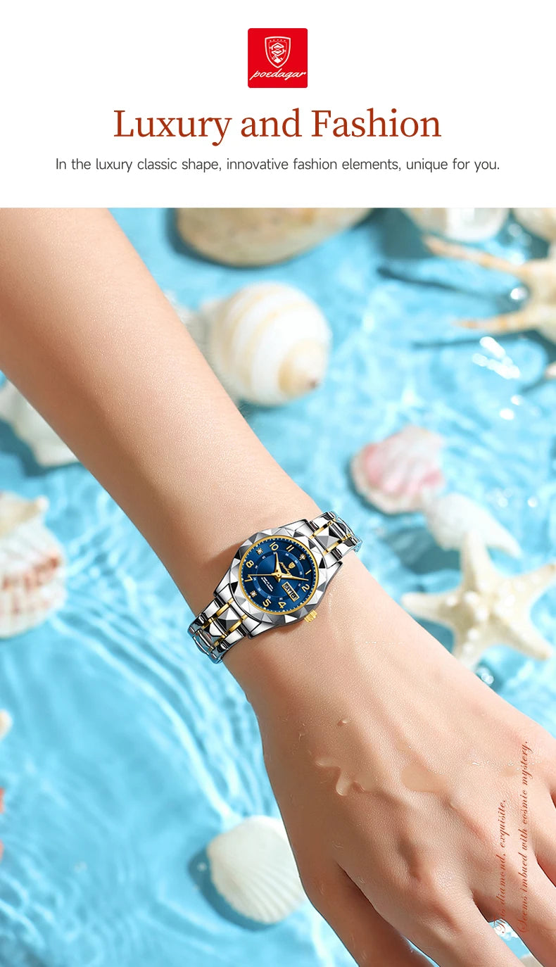 POEDAGAR Luxury Women's Watches Waterproof Luminous Date Week Ladies Watch for Female Quartz Stainless Steel Dress Women Watch