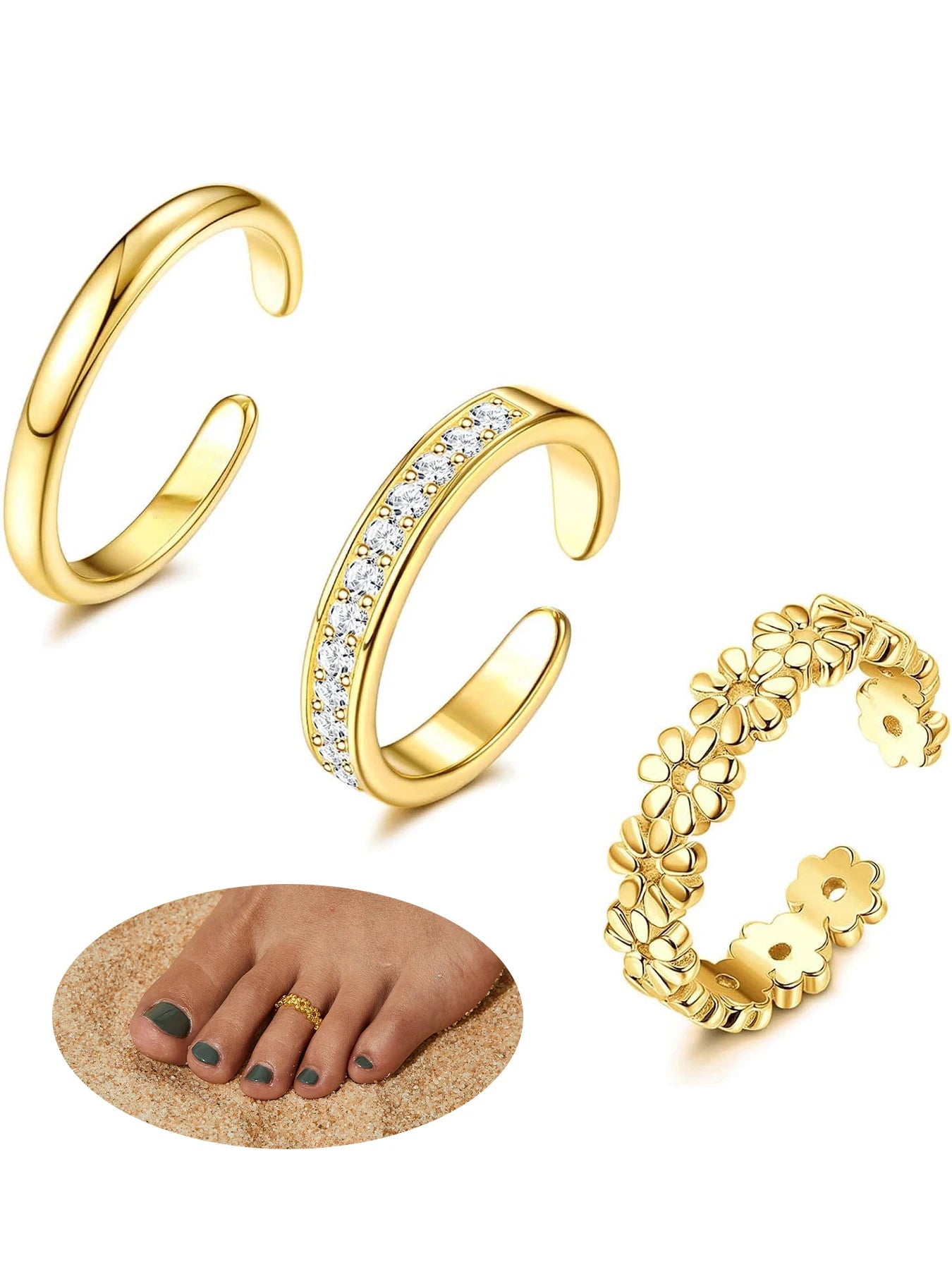 3pcs Fashionable Luxurious Open Adjustable Zircon Foot Ring Women's Beach Vacation Foot Joint Ring Toe Ring Set Jewelry