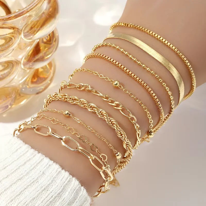 Fashion Flat Snake Chain Box Chain Bracelet Creative Heart-shaped Chain Twisted Chain Stacked Bracelet Set Women's Daily Jewelry