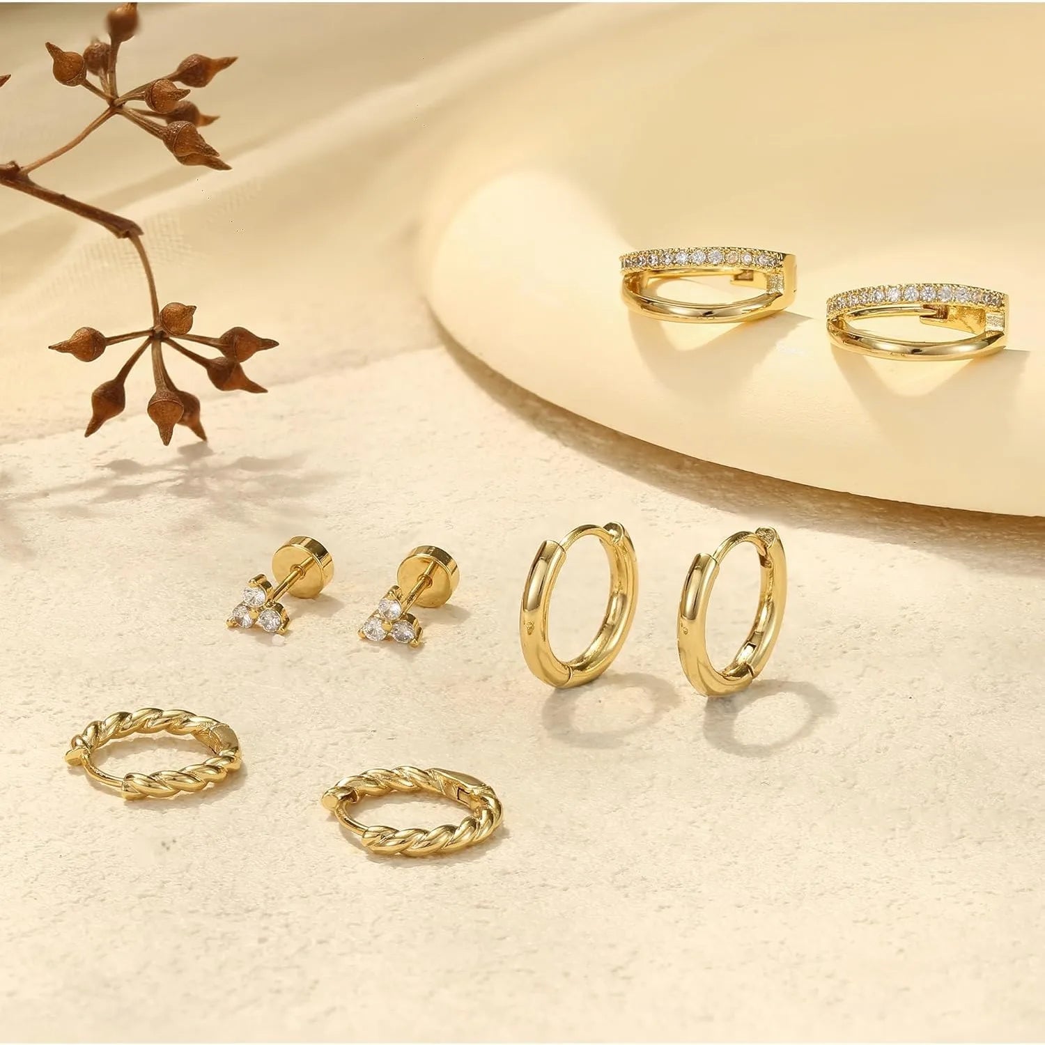 4 Pairs 14K Gold Plated Hoop Earrings for Women Surgical Steel Huggie Earings Stacks Set Dainty Cartilage Flat Back Stud Jewelry