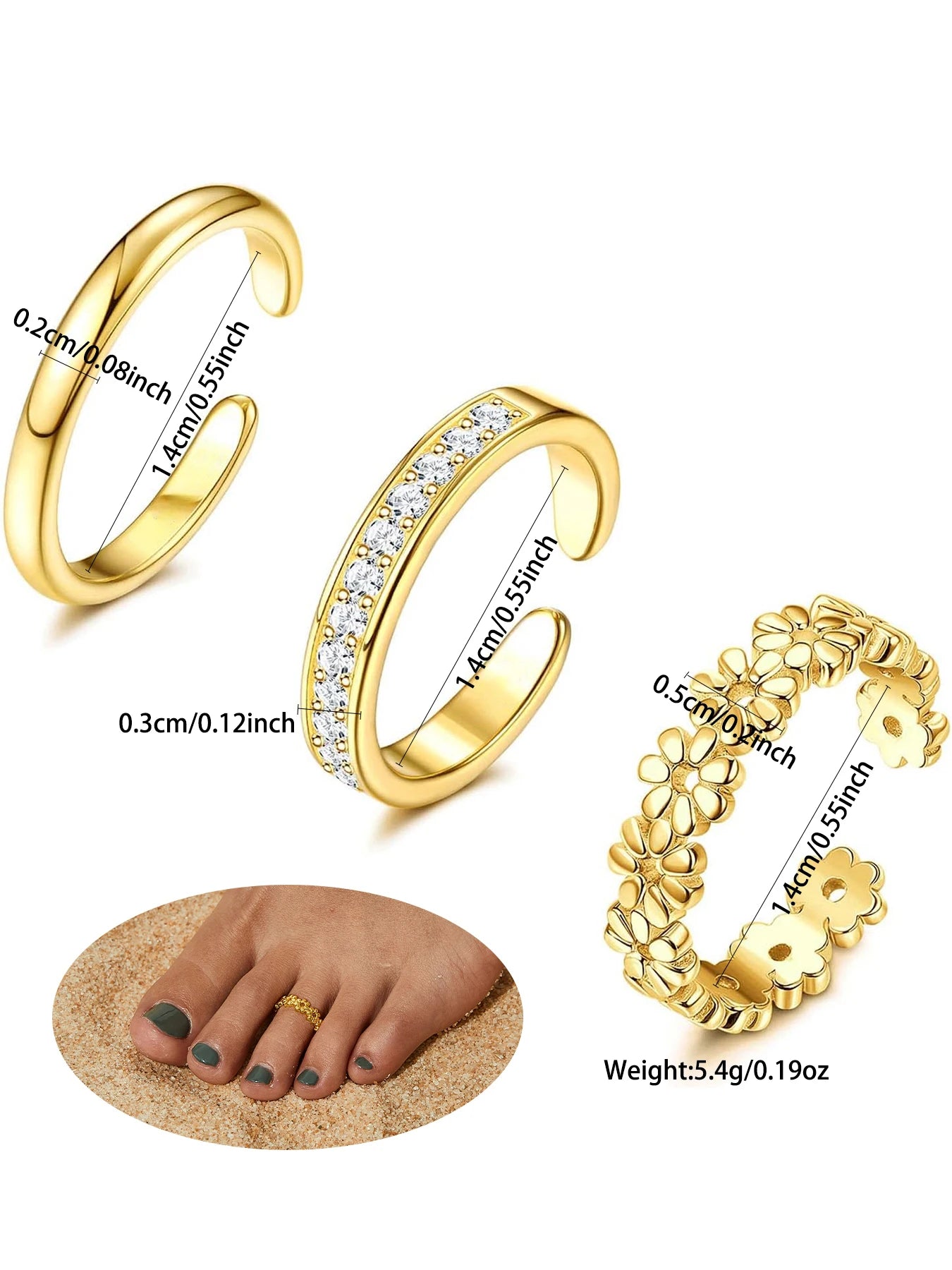 3pcs Fashionable Luxurious Open Adjustable Zircon Foot Ring Women's Beach Vacation Foot Joint Ring Toe Ring Set Jewelry