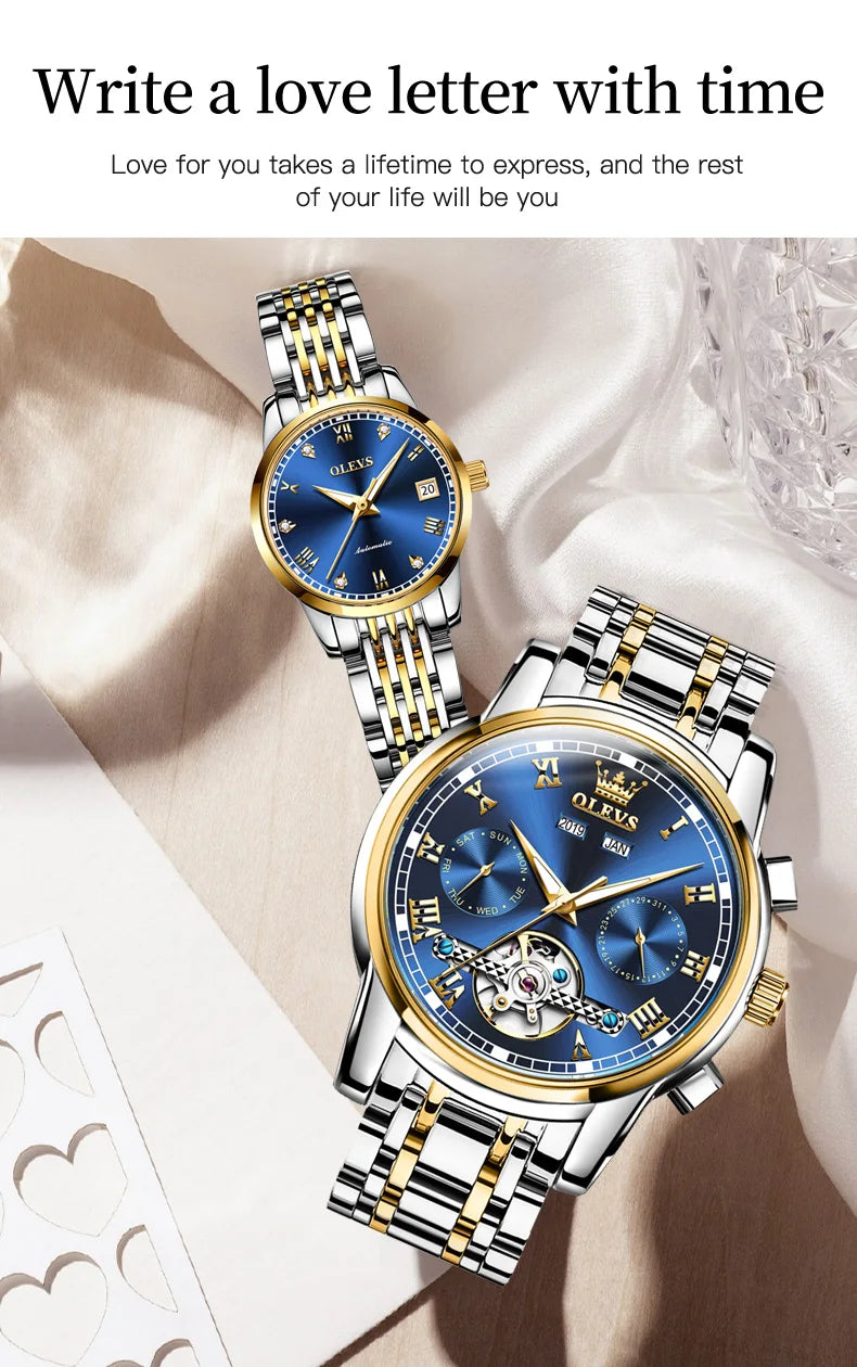 100% Original OLEVS Automatic Mechanical Couple Wrist Watches for Men and Women Waterproof Watches His or Hers Lover's Watch Set