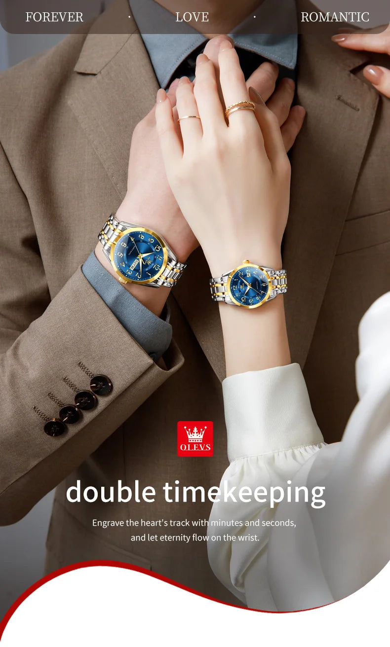 OLEVS 3666 Couple Watch Luxury Brand Quartz Watch Waterproof Watch Lover Gift Night Light Classic Date Week Clock His Her Watch