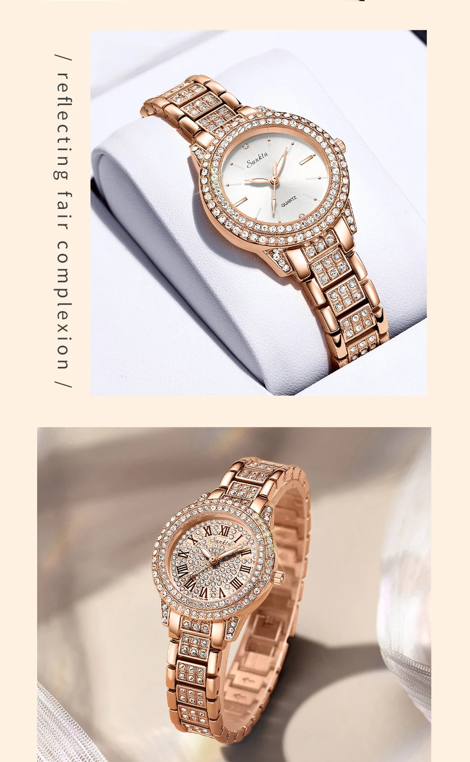 SUNKTA Women Wristwatches Relojes Para Mujer Luxury Classic Golden Watch Women Alloy Strap Round Rhinestone Dail Quartz Watches