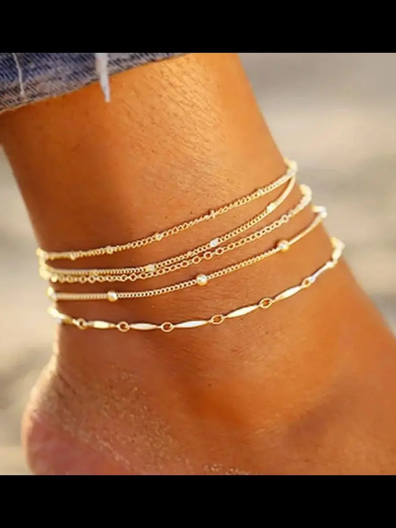 2025 New Gold color Multi-Layer Anklet Set (5-Piece Set) Simple Chain Design Fashionable Beach Party Accessories Wear