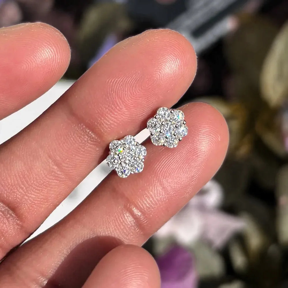 FEOBUR 3mm Full Moissanite Stud Earrings for Women 925 Sterling Silver 7-Stone Flower Wedding Earring Certified Jewelry Gift