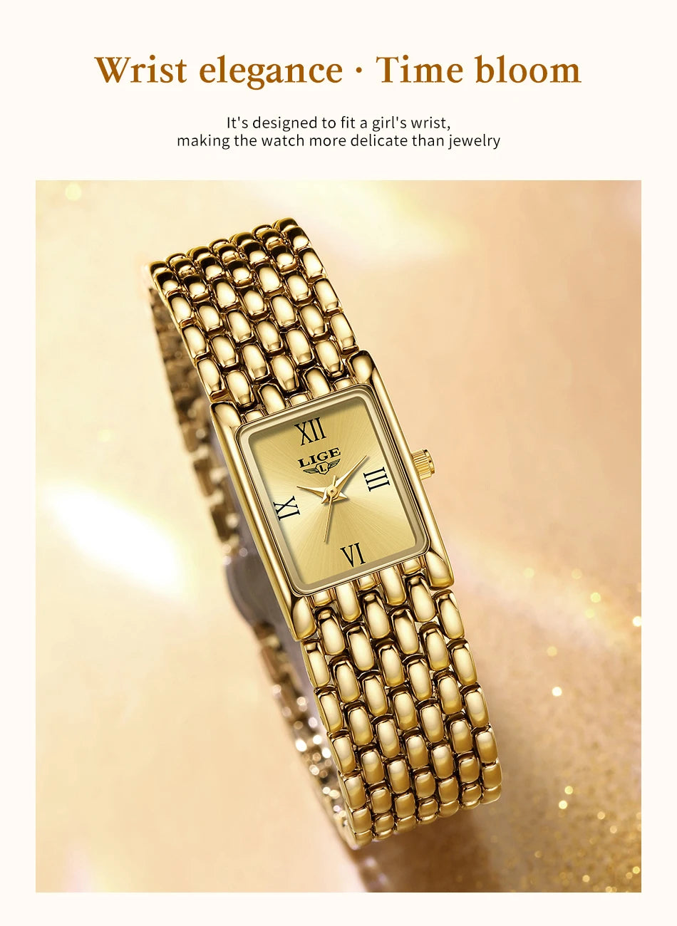 LIGE Silver Watch for Women Square Ladies Quartz Wristwatches Stainless Steel Women Small Gold Watch Luxury Casual Fashion Watch