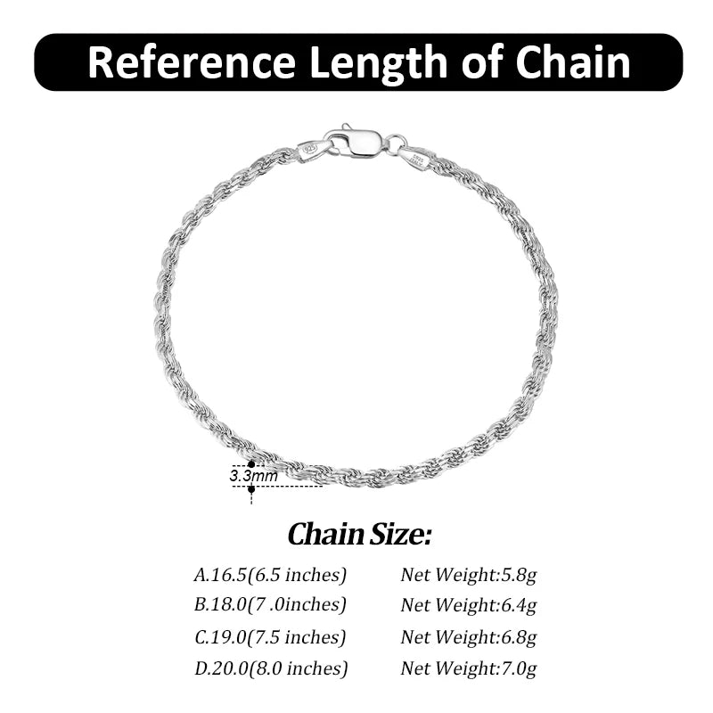 Rinntin Luxury 925 Sterling Silver Diamond-Cut Rope Chain Necklace For Men Women Fashion Italian Silver Neck Chain Jewelry SC29