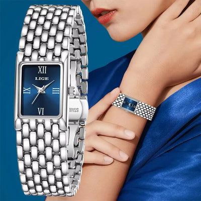 LIGE Silver and Gold Square Quartz Watch Stainless Steel