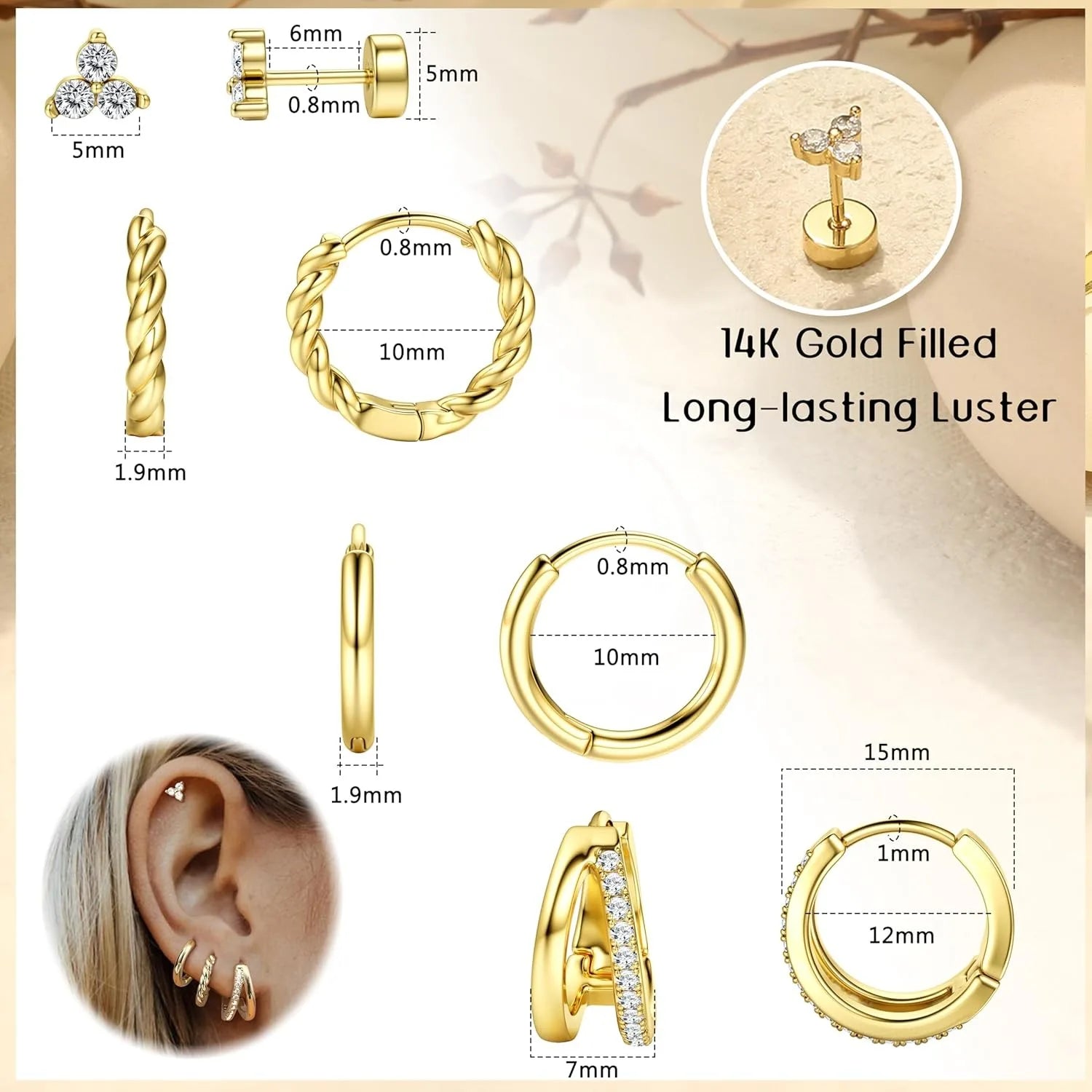 4 Pairs 14K Gold Plated Hoop Earrings for Women Surgical Steel Huggie Earings Stacks Set Dainty Cartilage Flat Back Stud Jewelry