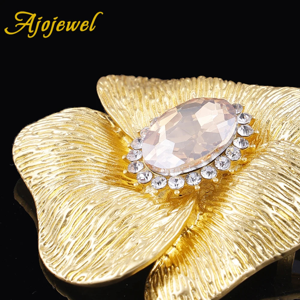 Ajojewel Large Metal Flower Brooch Red/Champagne Crystal Golden Pin Vintage To Clothe Cardigan Fashionable Gift