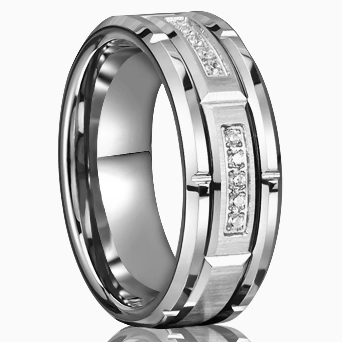 Tungsten Carbide Men's Ring, White Zircon 8mm Couple Wedding Ring, Fashion Hip Hop Suitable for Daily Wedding Party Wear