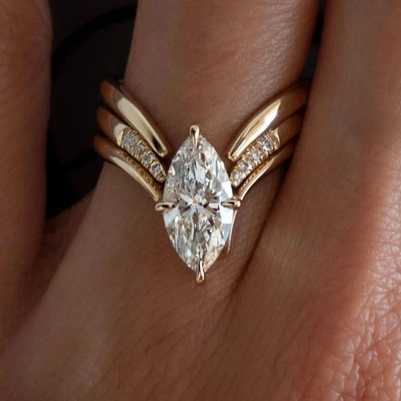 New Fashion Teardrop-shaped Inlaid Zirconia Ring 3 Pieces / Set of Women's Exquisite Sparkling Wedding Party Jewelry Gifts