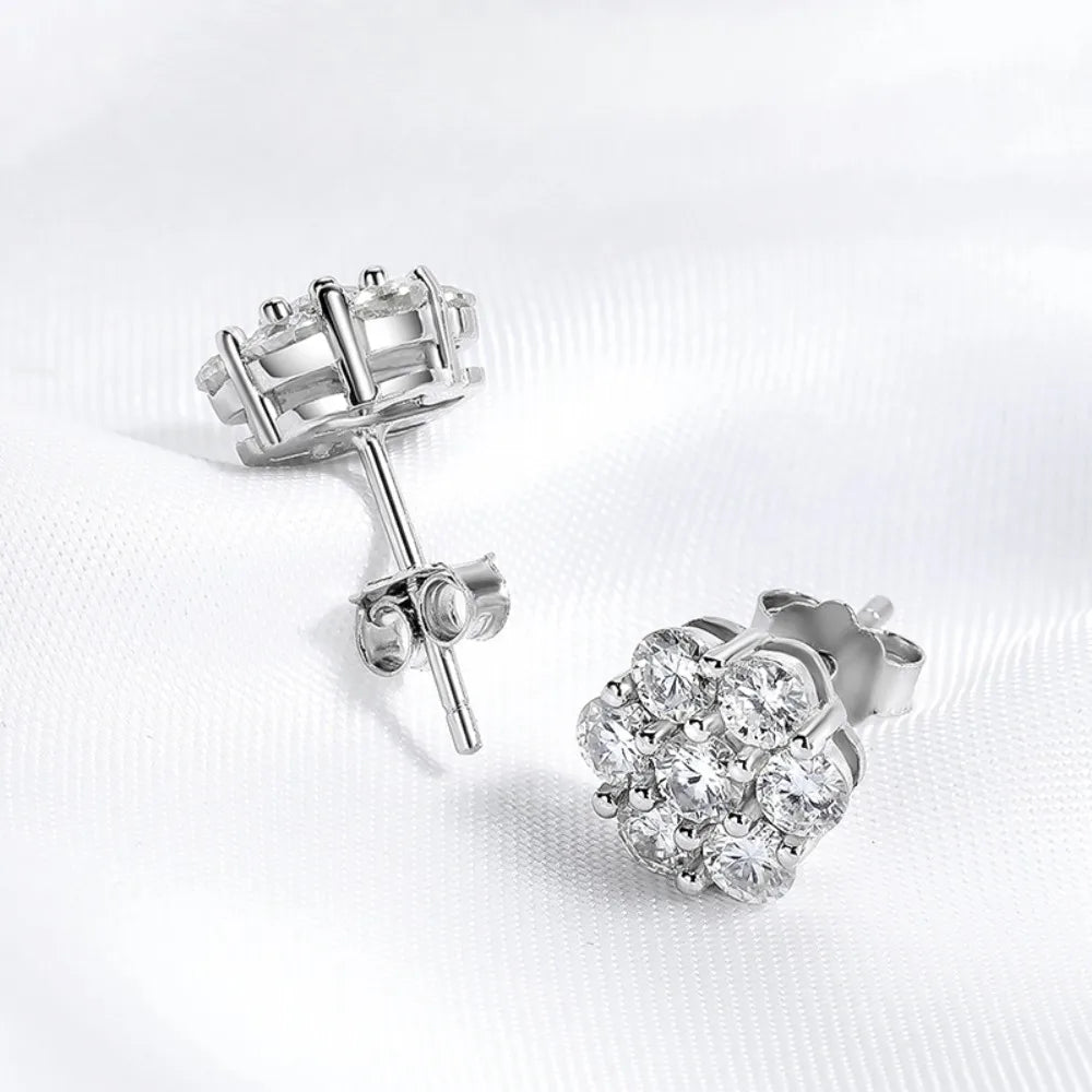 FEOBUR 3mm Full Moissanite Stud Earrings for Women 925 Sterling Silver 7-Stone Flower Wedding Earring Certified Jewelry Gift