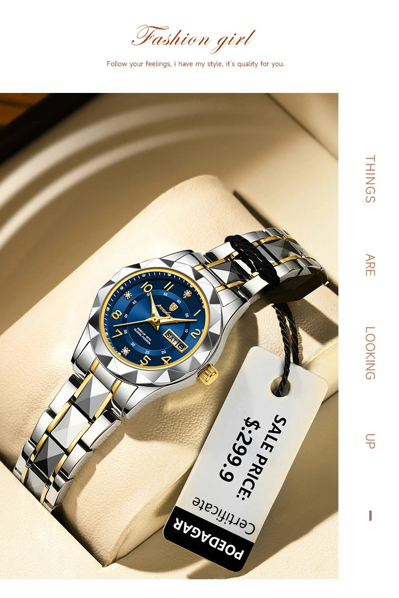 POEDAGAR Luxury Women's Watches Waterproof Luminous Date Week Ladies Watch for Female Quartz Stainless Steel Dress Women Watch