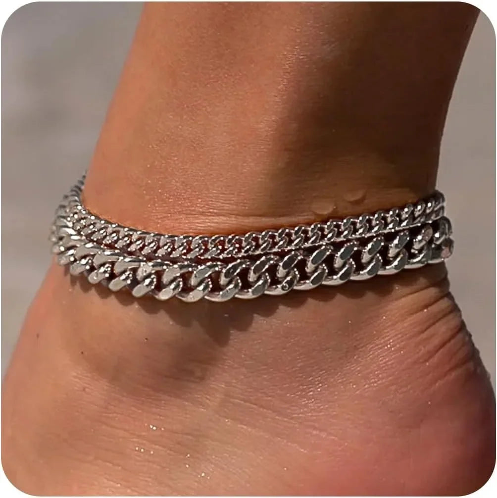 Gold Ankle Bracelets for Women K Gold Plated/Silver Anklets for Women Waterproof Minimalist Cuban Link Anklets Set Gift