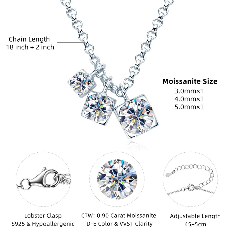 OXTAO Real 925 Silver Three Stone Moissanite Pendant Necklace Glittering Diamond for Women Chain Necklaces Jewelry Gift