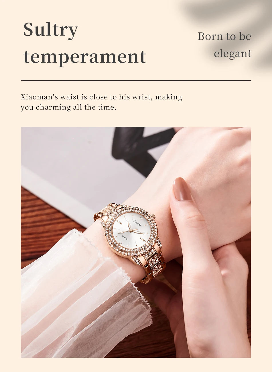 SUNKTA Women Wristwatches Relojes Para Mujer Luxury Classic Golden Watch Women Alloy Strap Round Rhinestone Dail Quartz Watches