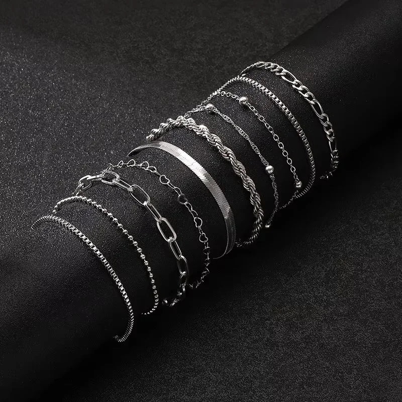 Fashion Flat Snake Chain Box Chain Bracelet Creative Heart-shaped Chain Twisted Chain Stacked Bracelet Set Women's Daily Jewelry