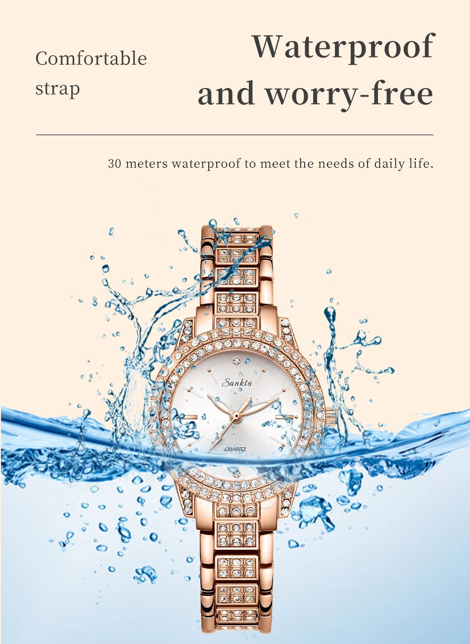 SUNKTA Women Wristwatches Relojes Para Mujer Luxury Classic Golden Watch Women Alloy Strap Round Rhinestone Dail Quartz Watches