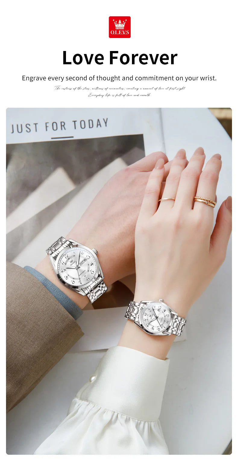 OLEVS 3666 Couple Watch Luxury Brand Quartz Watch Waterproof Watch Lover Gift Night Light Classic Date Week Clock His Her Watch