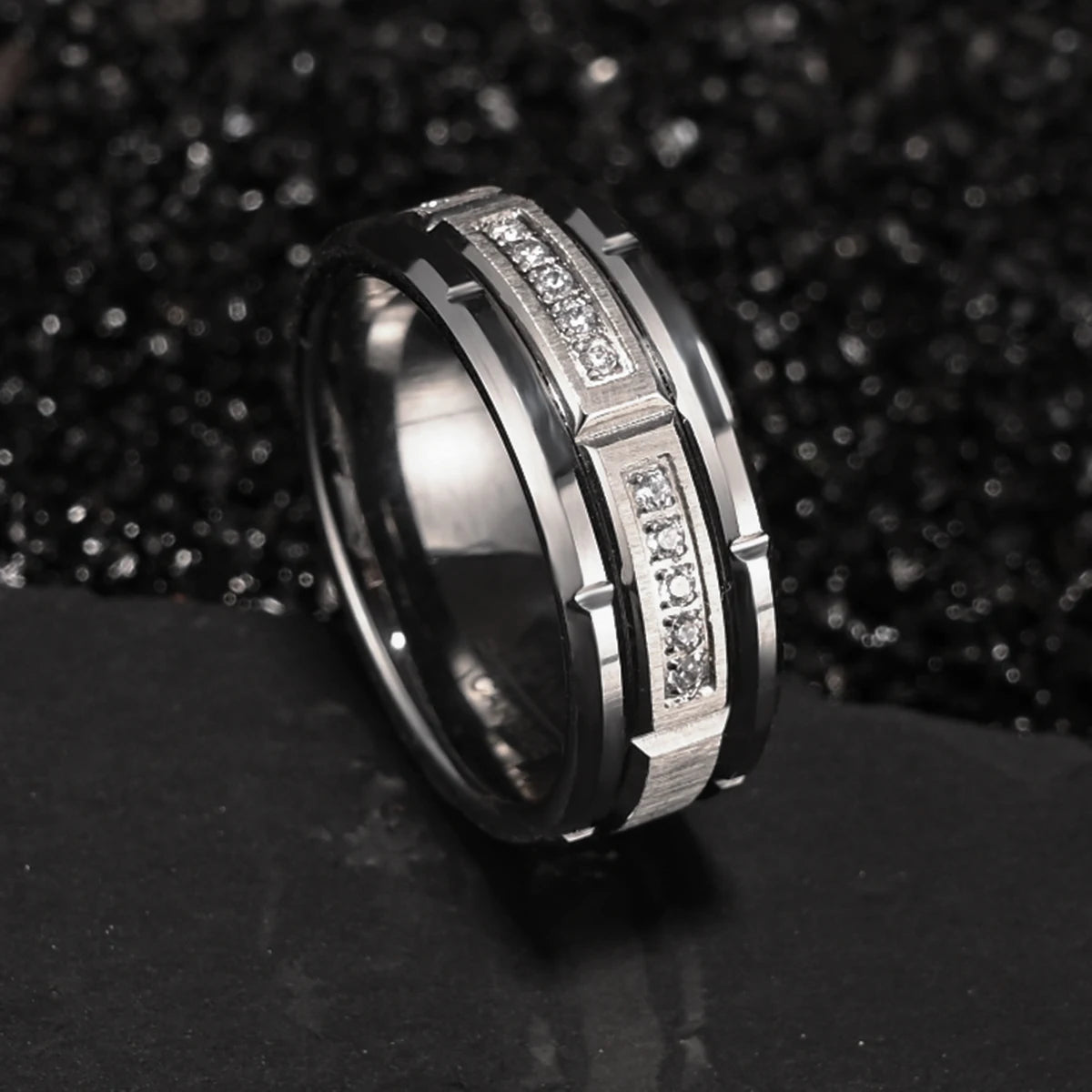 Tungsten Carbide Men's Ring, White Zircon 8mm Couple Wedding Ring, Fashion Hip Hop Suitable for Daily Wedding Party Wear