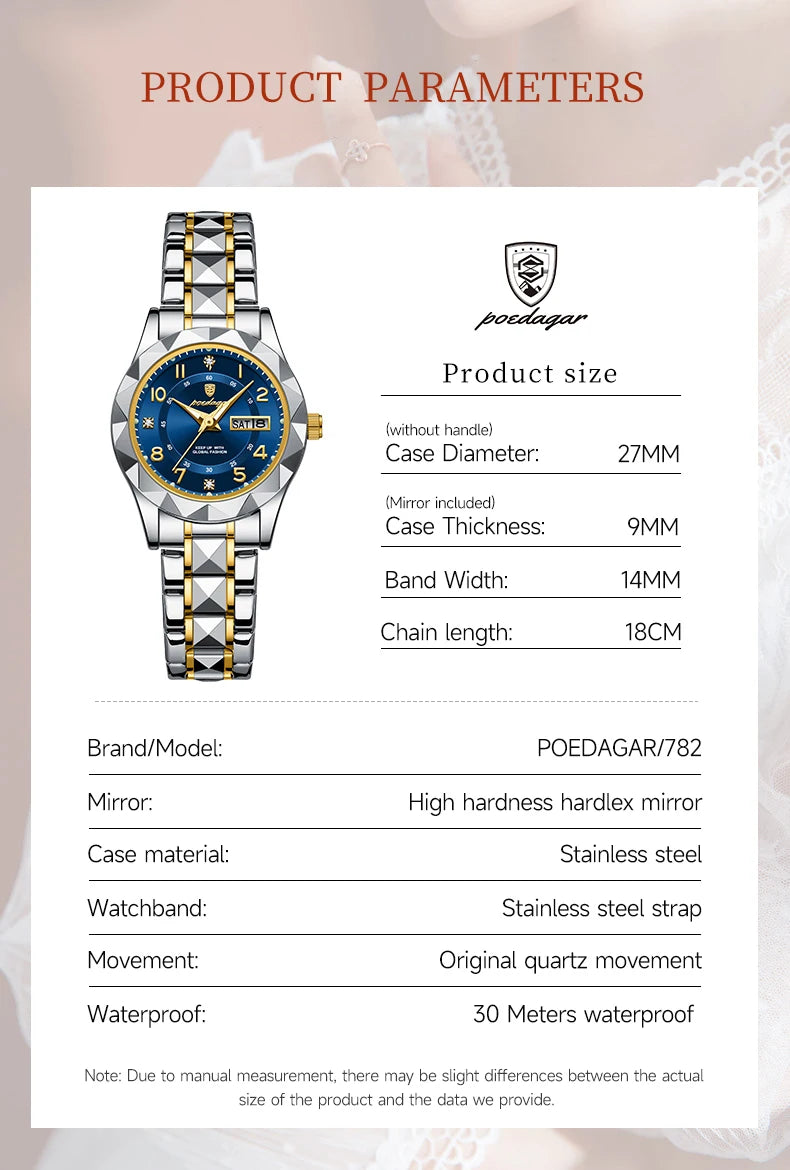 POEDAGAR Luxury Women's Watches Waterproof Luminous Date Week Ladies Watch for Female Quartz Stainless Steel Dress Women Watch